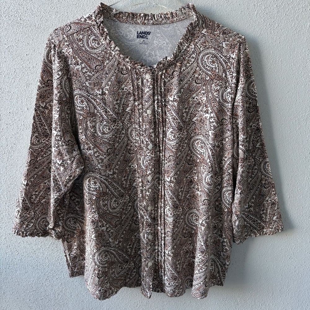 Lands End 1X 3/4 Sleeve Button Up Brown White‎ Paisley Tee Soft Ruffle Casual